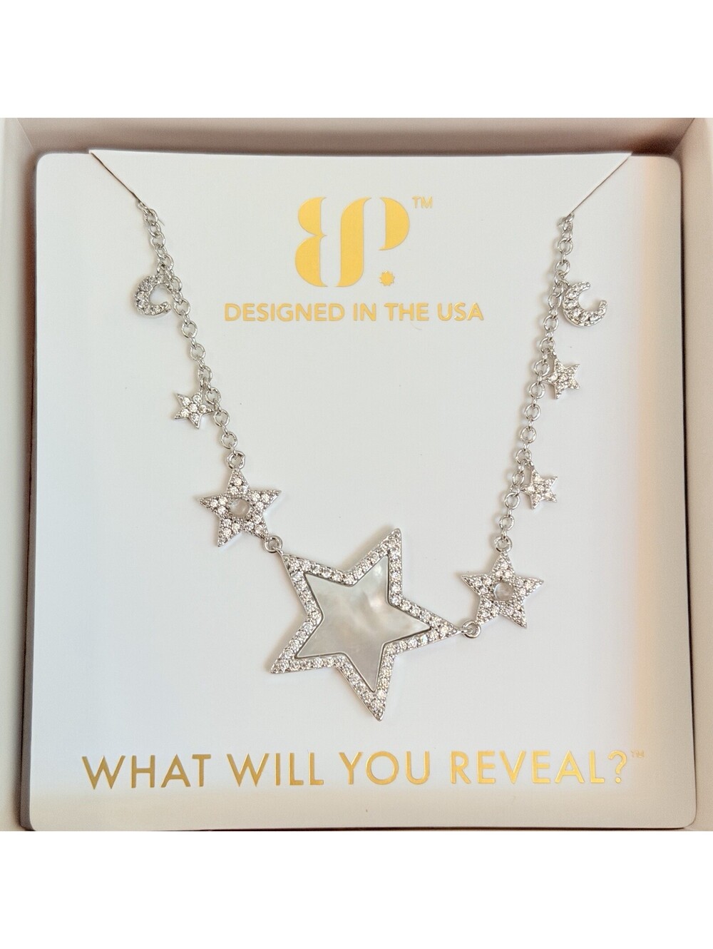 Bomb Party Halo Necklace "Tender Reunion" Star Genuine Moonstone & MOP Rhodium